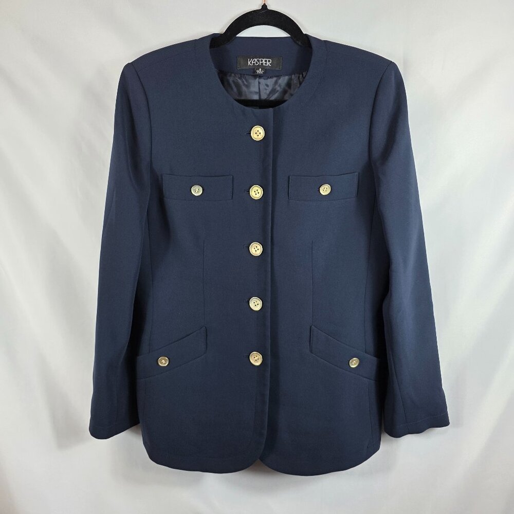 Kasper Blazer Jacket Women's Size 8 Navy Blue Gold Buttons Pockets Collarless